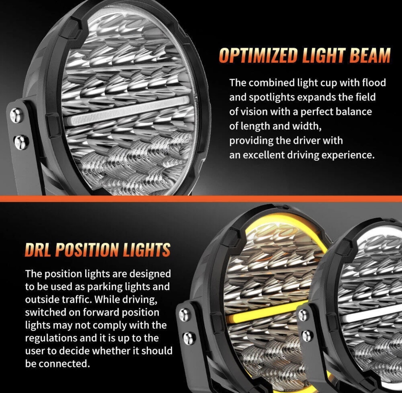 Round LED driving light with combined flood and spot beam and DRL position ring