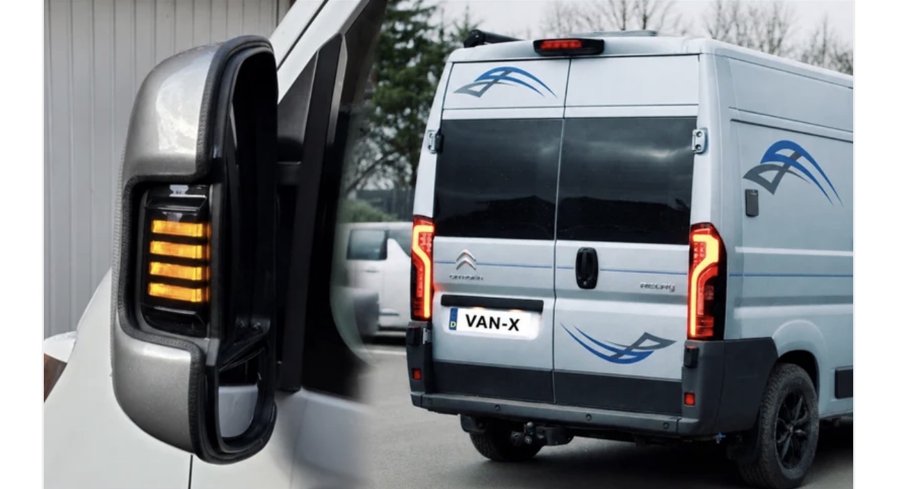 Upgraded LED rear light clusters and sequential mirror indicators on a Citroen Relay