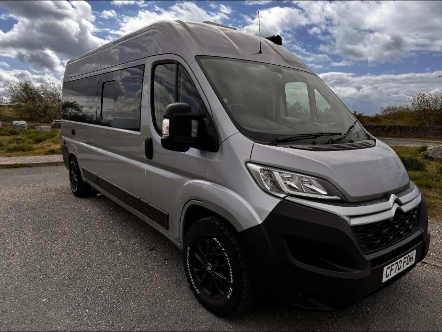 Citroen Relay conversion on all-terrain tyres with black alloys and extended wheel arch trims